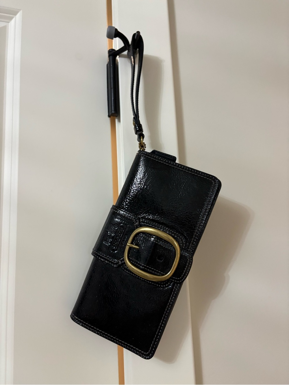 Coach Black Patent Leather Wristlet Clutch with Gold Buckle